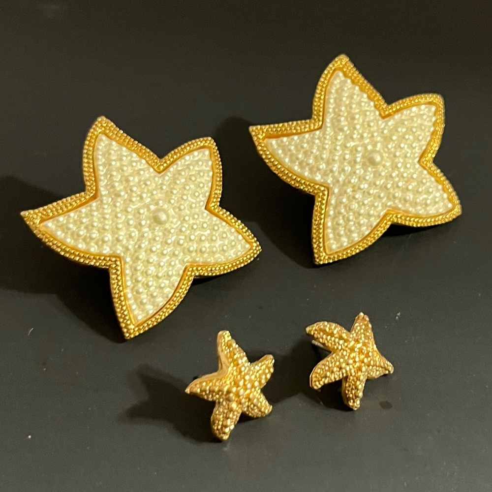 Vintage Post Starfish Earrings w Faux Pearls on Gold Tone Metal Large Set Avon